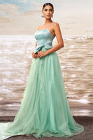 Load image into Gallery viewer, Green A Line Strapless Tulle Long Ruffled Prom Dress with Bow