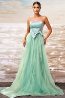 Load image into Gallery viewer, Green A Line Strapless Tulle Long Ruffled Prom Dress with Bow