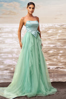 Load image into Gallery viewer, Green A Line Strapless Tulle Long Ruffled Prom Dress with Bow