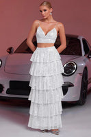Load image into Gallery viewer, Sparkly White Sequin Two Piece Long Prom Dress with Ruffles