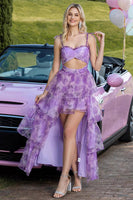 Load image into Gallery viewer, Purple Floral Tiered Cut Out High-Low Prom Dress with Ruffles