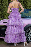 Load image into Gallery viewer, Purple Floral Tiered Cut Out High-Low Prom Dress with Ruffles