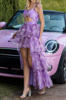Load image into Gallery viewer, Purple Floral Tiered Cut Out High-Low Prom Dress with Ruffles