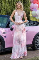 Load image into Gallery viewer, Blush Print Sheath V-Neck Chiffon Backless Long Prom Dress