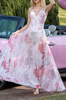 Load image into Gallery viewer, Blush Print Sheath V-Neck Chiffon Backless Long Prom Dress