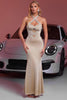 Load image into Gallery viewer, Sparkly Champagne Beaded Mermaid Long Satin Prom Dress with Keyholes