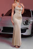 Load image into Gallery viewer, Sparkly Champagne Beaded Mermaid Long Satin Prom Dress with Keyholes