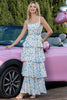Load image into Gallery viewer, Blue Tiered Print Ruffled Long Prom Dress with Bows