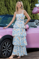 Load image into Gallery viewer, Blue Tiered Print Ruffled Long Prom Dress with Bows