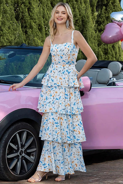 Blue Tiered Print Ruffled Long Prom Dress with Bows