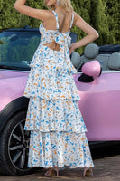 Load image into Gallery viewer, Blue Tiered Print Ruffled Long Prom Dress with Bows