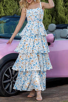 Load image into Gallery viewer, Blue Tiered Print Ruffled Long Prom Dress with Bows
