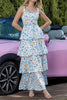 Load image into Gallery viewer, Blue Tiered Print Ruffled Long Prom Dress with Bows