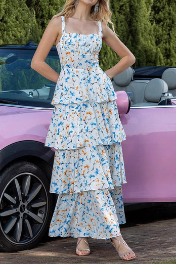 Blue Tiered Print Ruffled Long Prom Dress with Bows