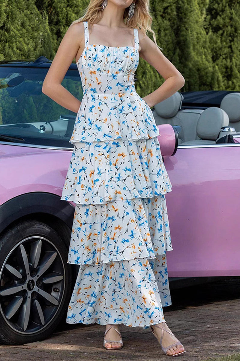Load image into Gallery viewer, Blue Tiered Print Ruffled Long Prom Dress with Bows