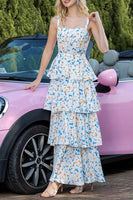 Load image into Gallery viewer, Blue Tiered Print Ruffled Long Prom Dress with Bows