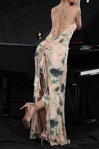 Blush Print Long Mermaid Prom Dress with Back Slit