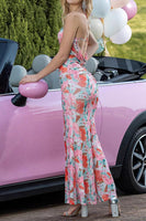 Load image into Gallery viewer, Blush Floral Print Mermaid Ruched Long Prom Dress with Slit