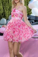 Load image into Gallery viewer, Fuchsia Floral Cut Out Short Homecoming Dress with Ruffles