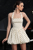 Load image into Gallery viewer, Black and White Polka Dots Halter A Line Short Vintage Homecoming Dress