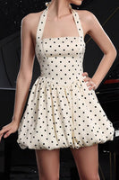 Load image into Gallery viewer, Black and White Polka Dots Halter A Line Short Vintage Homecoming Dress