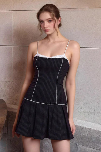 Black A Line Striped Satin Short Homecoming Dress