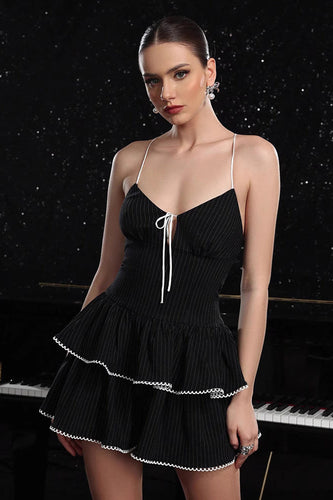 Black A Line Striped Tiered Short Homecoming Dress with Ruffles