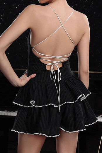 Black A Line Striped Tiered Short Homecoming Dress with Ruffles