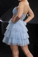 Load image into Gallery viewer, Sparkly Blue Tiered Sequin Short Corset Homecoming Dress with Ruffles
