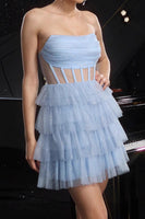 Load image into Gallery viewer, Sparkly Blue Tiered Sequin Short Corset Homecoming Dress with Ruffles