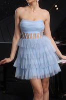 Load image into Gallery viewer, Sparkly Blue Tiered Sequin Short Corset Homecoming Dress with Ruffles