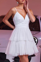 Load image into Gallery viewer, White A Line Tulle Tiered Short Homecoming Dress with Ruffles