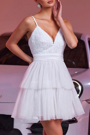 White A Line Tulle Tiered Short Homecoming Dress with Ruffles