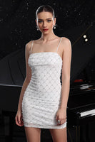 Load image into Gallery viewer, Sparkly White Spaghetti Straps Short Tight Homecoming Dress with Pearls