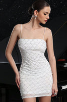 Load image into Gallery viewer, Sparkly White Spaghetti Straps Short Tight Homecoming Dress with Pearls