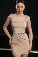 Load image into Gallery viewer, Sparkly Khaki Beaded Short Tight Homecoming Dress with Belt