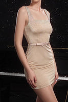 Load image into Gallery viewer, Sparkly Khaki Beaded Short Tight Homecoming Dress with Belt