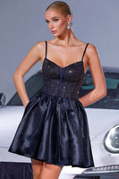 Load image into Gallery viewer, Sparkly Navy Satin Corset A Line Short Homecoming Dress with Beading