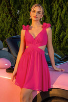 Load image into Gallery viewer, Fuchsia Cut Out A Line V-Neck Short Homecoming Dress with Ruffles