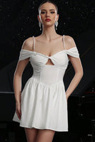 Load image into Gallery viewer, White A Line Cold Shoulder Short Satin Homecoming Dress with Keyhole