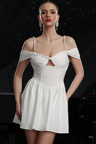 White A Line Cold Shoulder Short Satin Homecoming Dress with Keyhole