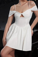 Load image into Gallery viewer, White A Line Cold Shoulder Short Satin Homecoming Dress with Keyhole