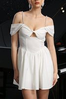 Load image into Gallery viewer, White A Line Cold Shoulder Short Satin Homecoming Dress with Keyhole