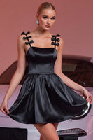 Load image into Gallery viewer, Black A Line Satin Short Homecoming Dress with Bows