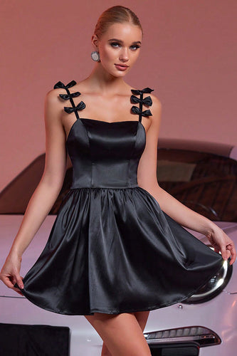 Black A Line Satin Short Homecoming Dress with Bows