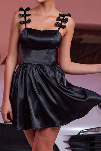Black A Line Satin Short Homecoming Dress with Bows