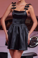 Load image into Gallery viewer, Black A Line Satin Short Homecoming Dress with Bows