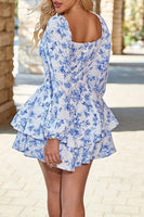 Load image into Gallery viewer, White Blue Tiered V-Neck Floral Short Homecoming Dress with Ruffles