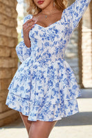 Load image into Gallery viewer, White Blue Tiered V-Neck Floral Short Homecoming Dress with Ruffles