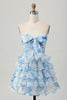 Load image into Gallery viewer, Floral White and Blue Strapless Ruffled Short Homecoming Dress with Bow